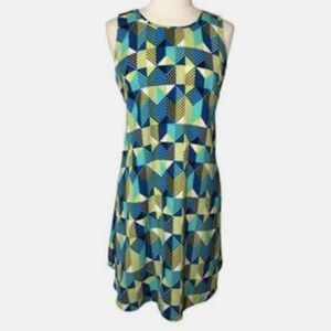 Like new Calvin Klein geometric multicolor green‎ and blue sleeveless midi dress